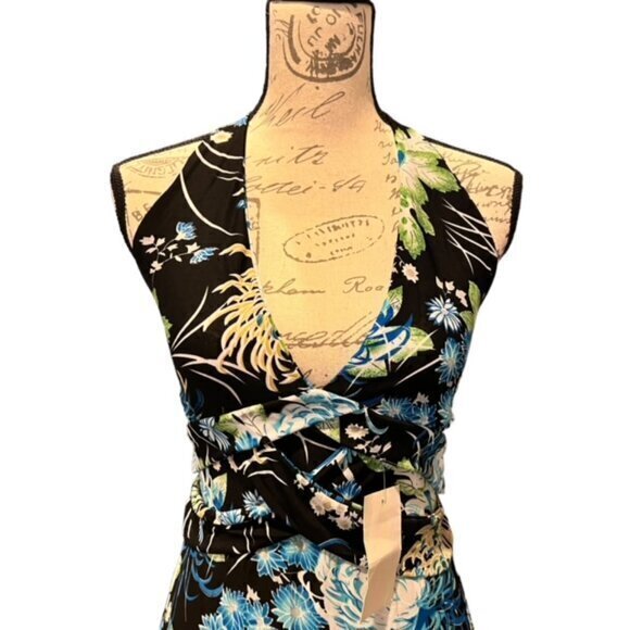 Tropical Tie Halter Mini Dress Blues Whites Backless Med / Lar NWT Stretch Beach - Picture 2 of 14